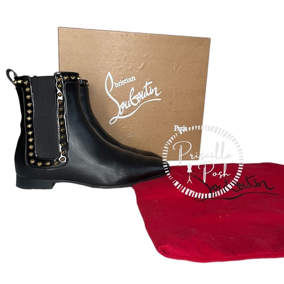 Christian Louboutin Black Leather Studded Red Sole Chelsea Boots Ankle Booties - Picture 12 of 13